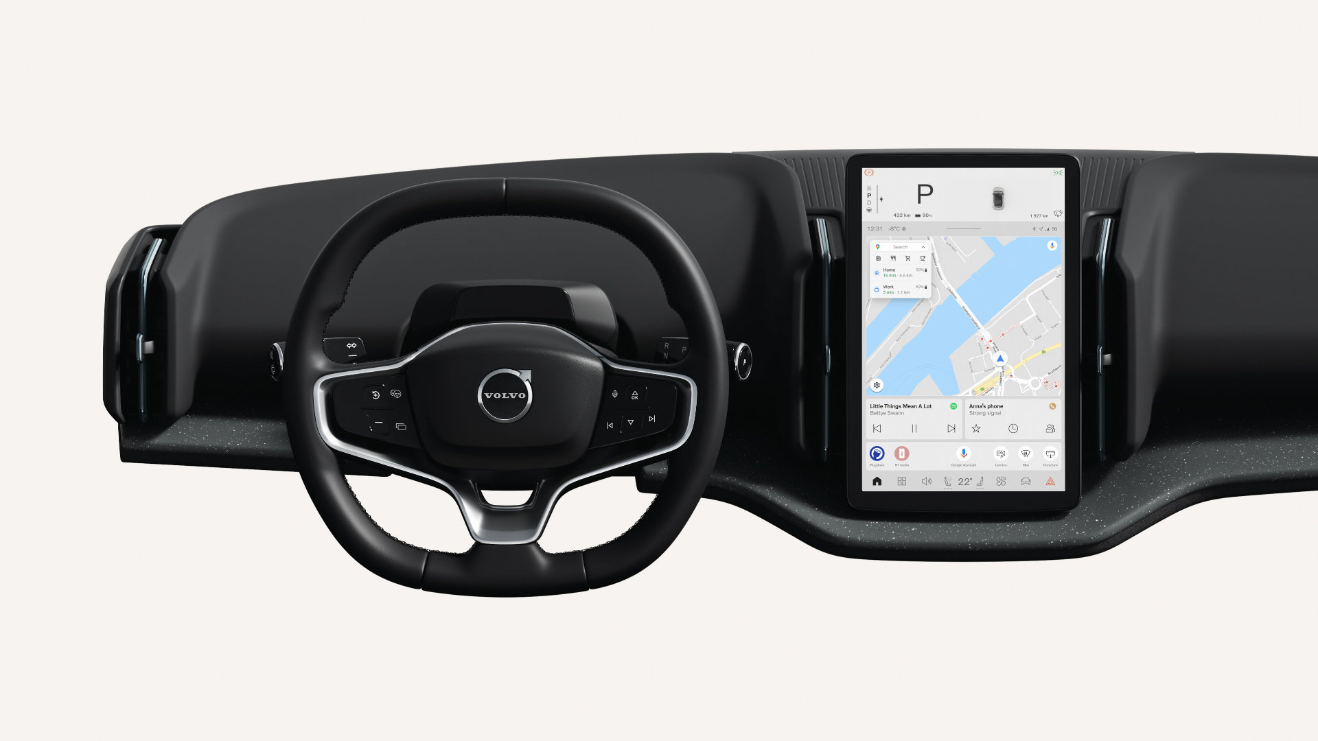 001 Moderne Volvo-dashboard med stor berøringsskjerm, navigasjonskart og multifunksjonsratt med Volvo-logo