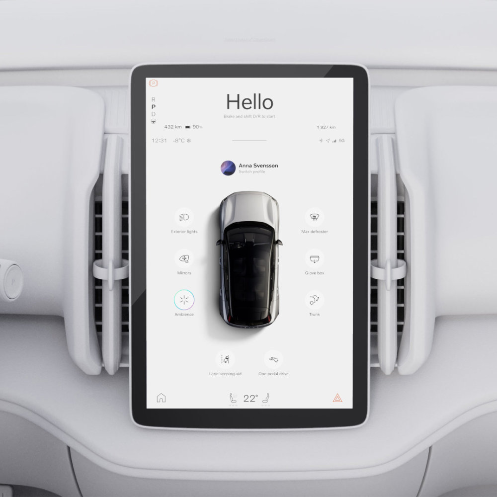 2 Bilskjerm med brukerprofil, kjøremodus og kontrollikoner – batteri 90 %, 432 km rekkevidde