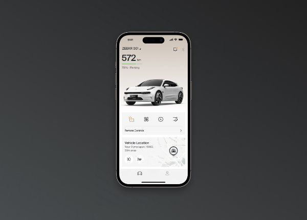 Mobilapp for Zeekr 001 – rekkevidde 572 km, 76 % batteri og fjernstyring fra San Francisco.