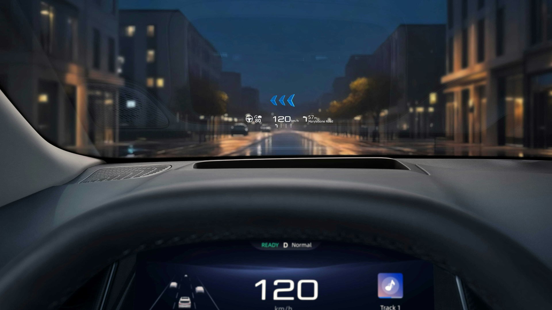 HUD-RGB1 Førersyn fra MG EV med head-up display – viser fart, navigasjon, musikk og kjøremodus projisert på frontruten