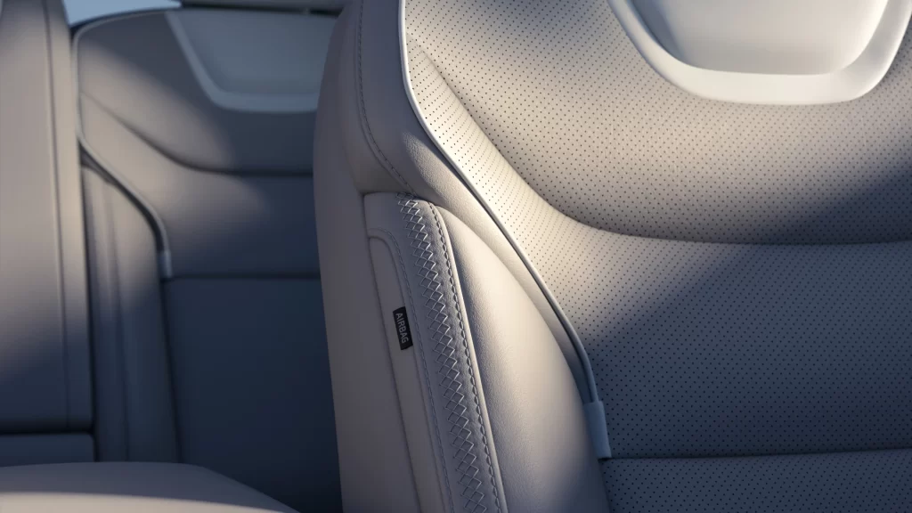 Volvo ES90 detalj av skinnsete med søm