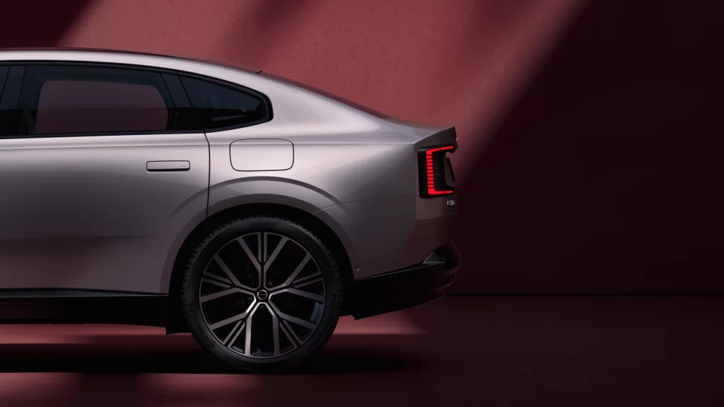 Volvo ES90 sideprofil bakhjul og designlinjer