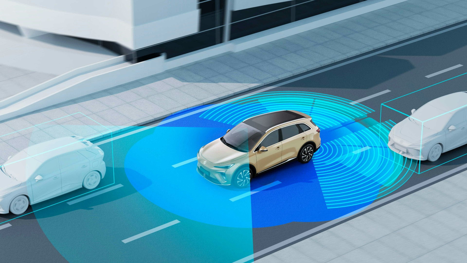 mgs6-Quiet-Protection-slider Digital visualisering av MG-kjøretøy med radar- og sensorfelt – viser avansert førerassistanse og omgivelsesdeteksjon