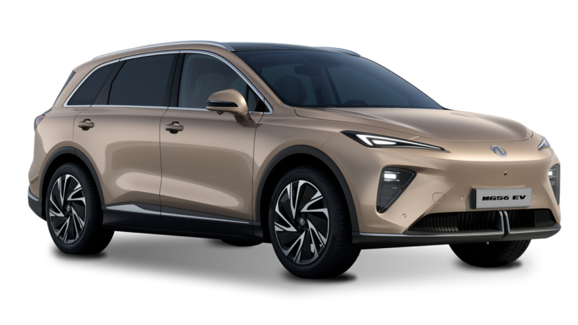 mgs6-compare-section-luxury-awd Elektrisk SUV MG S6 EV i beige farge med lukket grill, skarpe LED-frontlys og futuristisk design