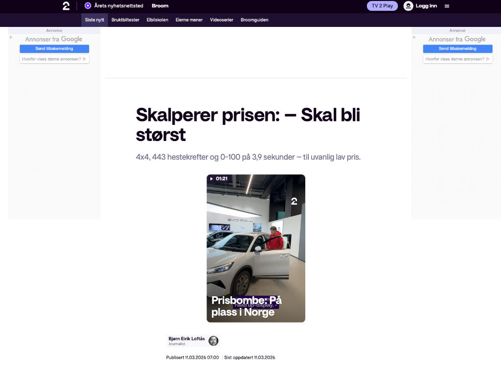 Skjermbilde fra TV2 Broom som viser artikkel om elbil med fokus på pris, ytelse og 4x4‑drivlinje.