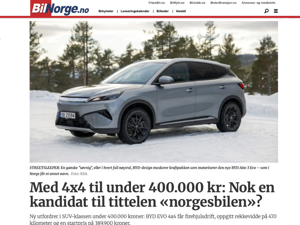 Skjermbilde fra BilNorge.no med omtale av BYD EVO 4x4 som rimelig firehjulsdrevet SUV under 400.000 kroner.