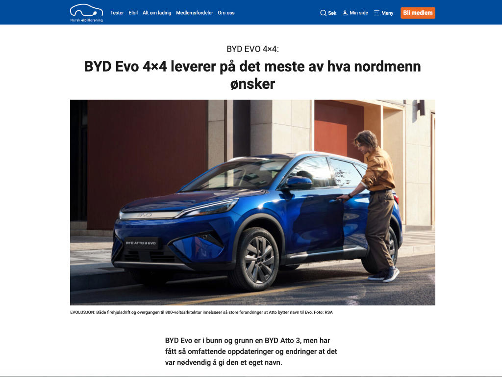 Skjermbilde fra Norsk elbilforening med artikkel om BYD Evo 4×4 og oppgraderinger fra Atto 3.