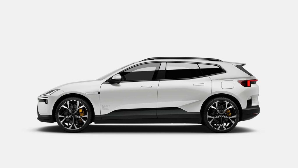 Hvit Polestar 4 SUV fra siden på hvit bakgrunn